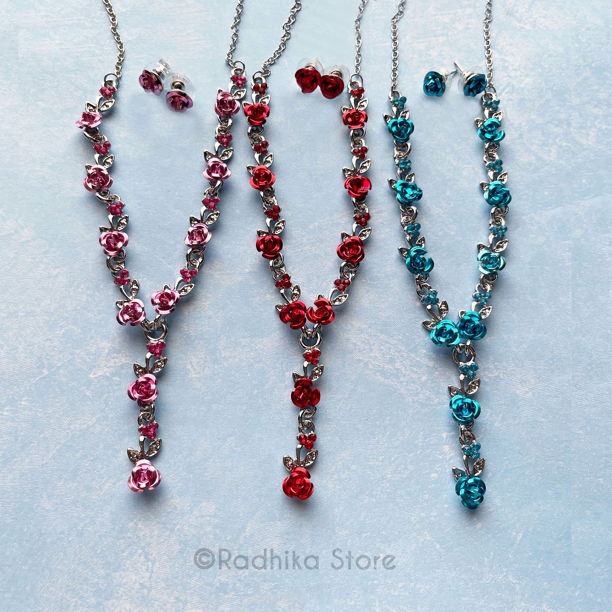 Rose With Silver Vine- 8 Inch - Pink-Red or Teal- Deity Necklaces and Earring Set