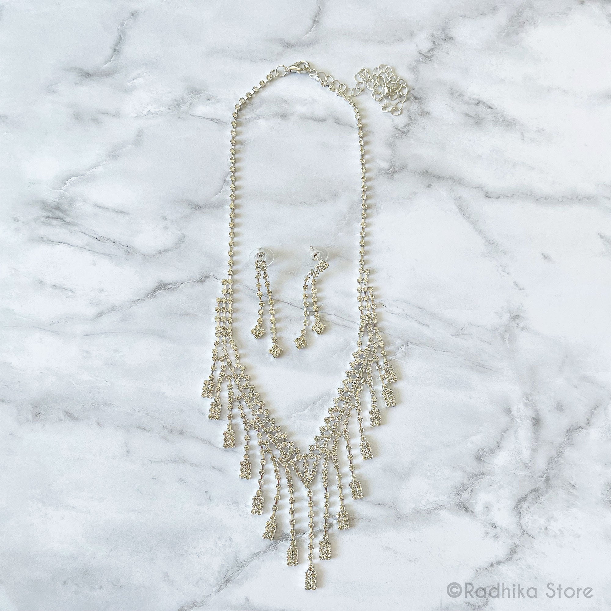Dangling Diamonds- Rhinestone Deity Necklace And Earring Set
