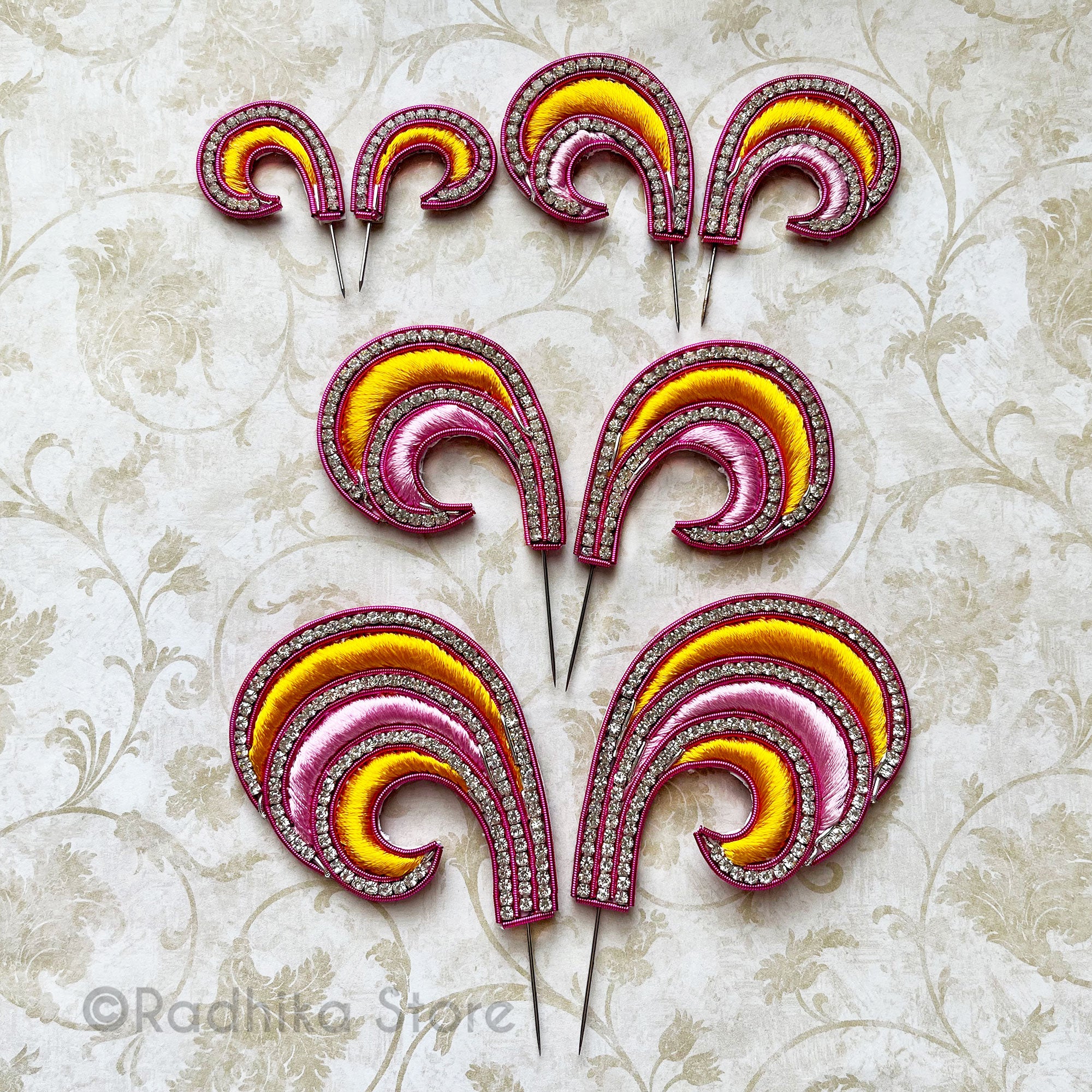 Marigold And Pink Embroidery Turban Pins - Mayapur Curls - Set of 2