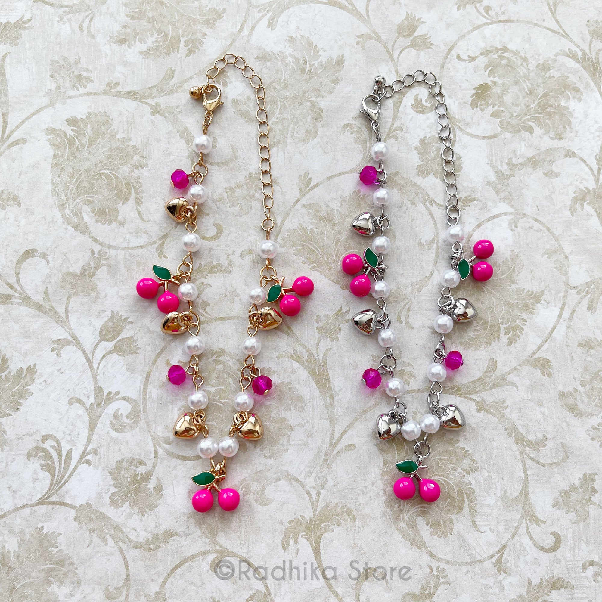 Pink Cherry Hearts With Pearls- Deity Necklace