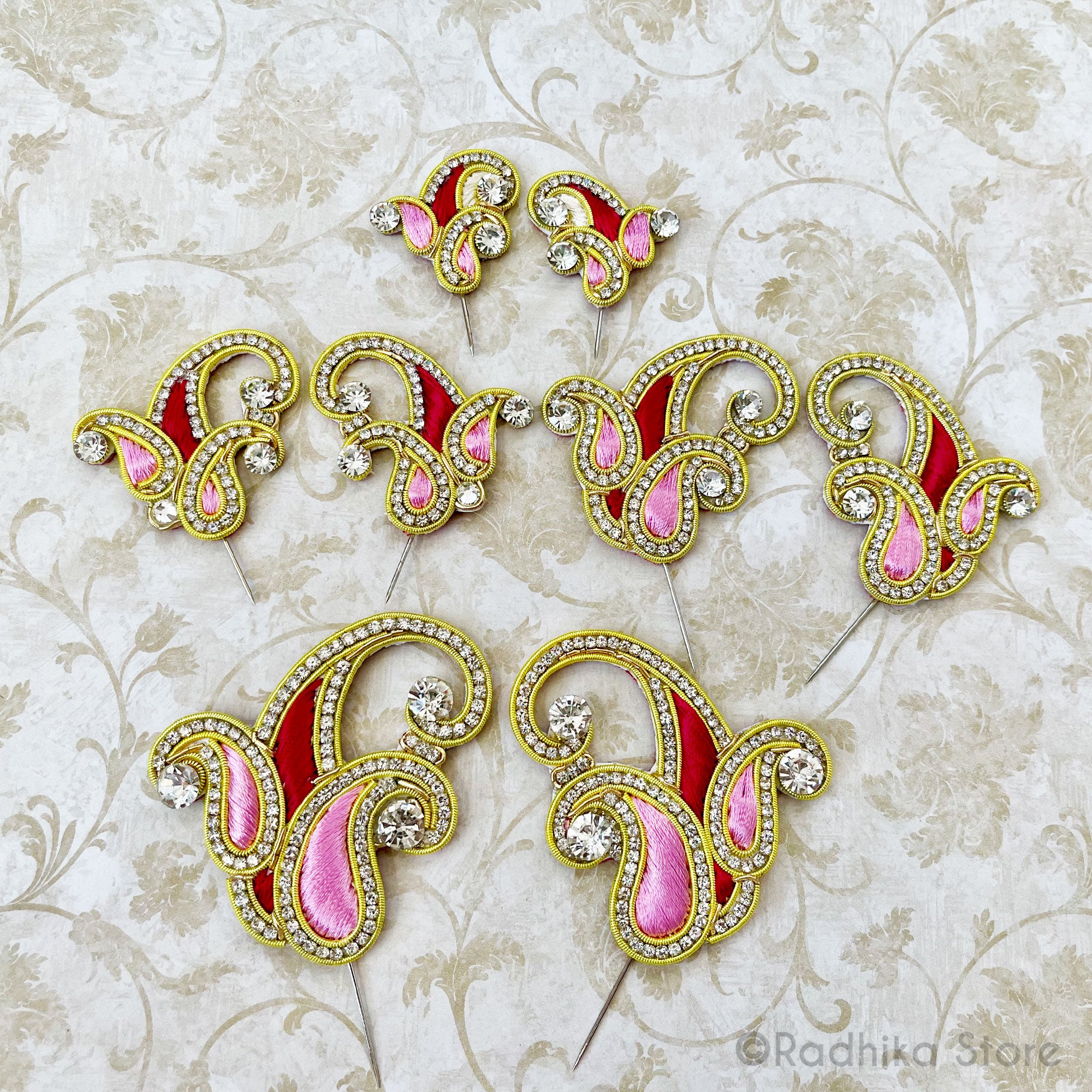 Pink Red with Gold Embroidery Turban Pins - Vrindavan Chandrikas - Set of 2