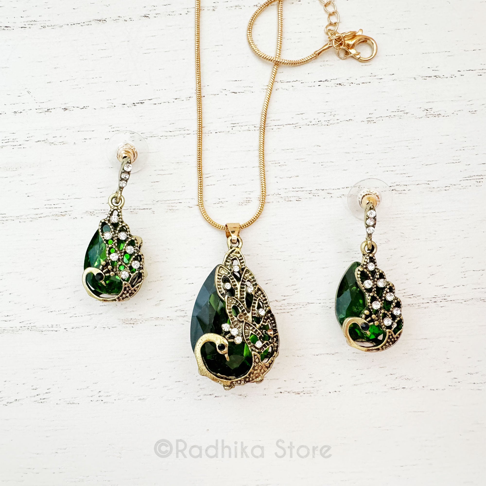 Emerald Peacock Tears Crystal Rhinestone Deity Necklace And Earring Set