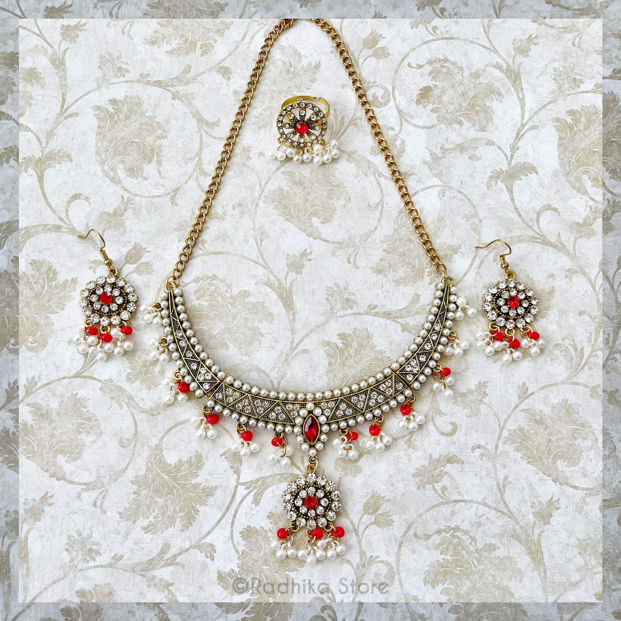 Pearl Jhumka - Deity Necklace Set - Teal or Red