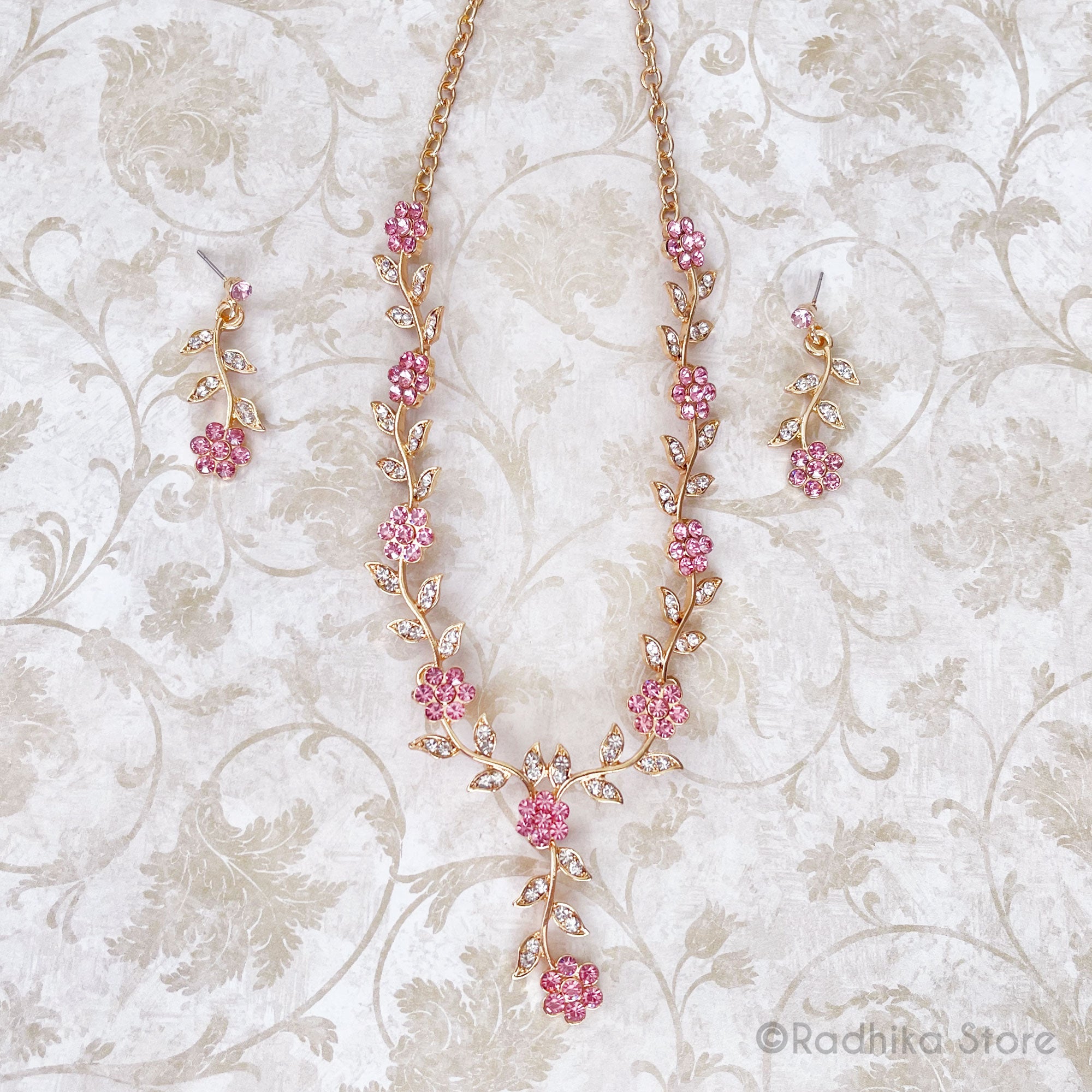 Pink Crystal-Vrindavan Flower Vine- Rhinestone Deity Necklace And Earring Set