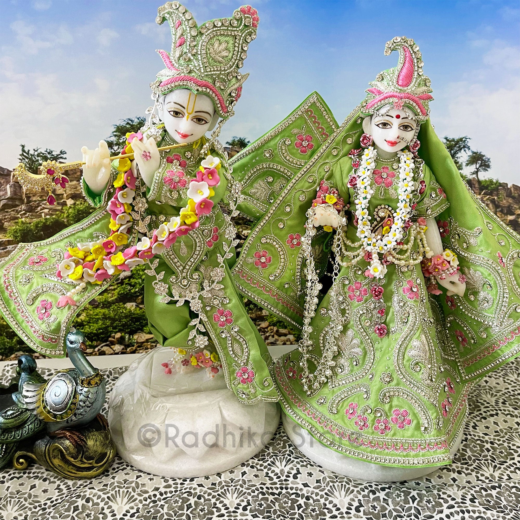 Glistening Vrinda Kund - Green - Silk - Radha Krishna Deity Outfit