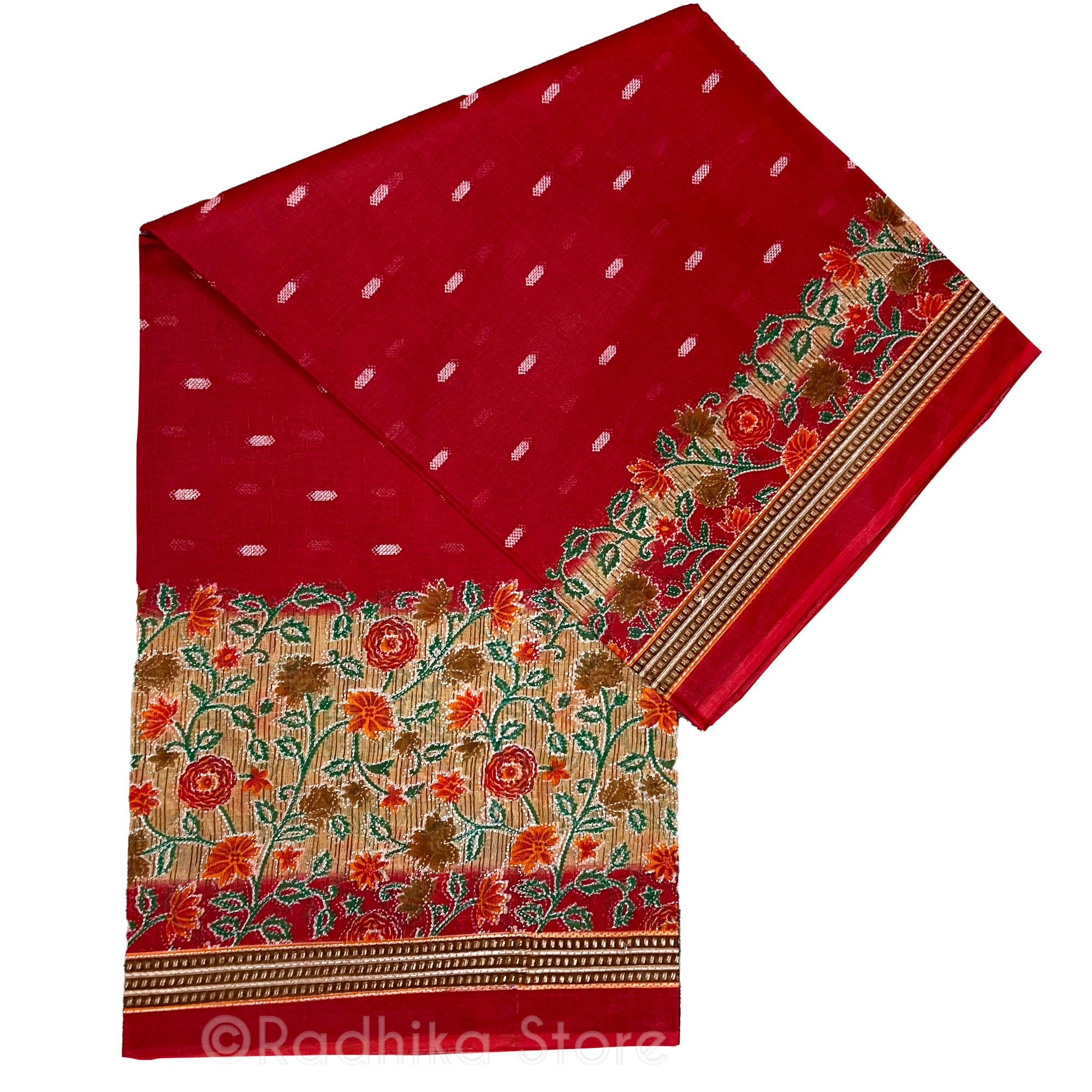 Bengali Flowers- Printed Cotton Saree - Red And Golden Tan