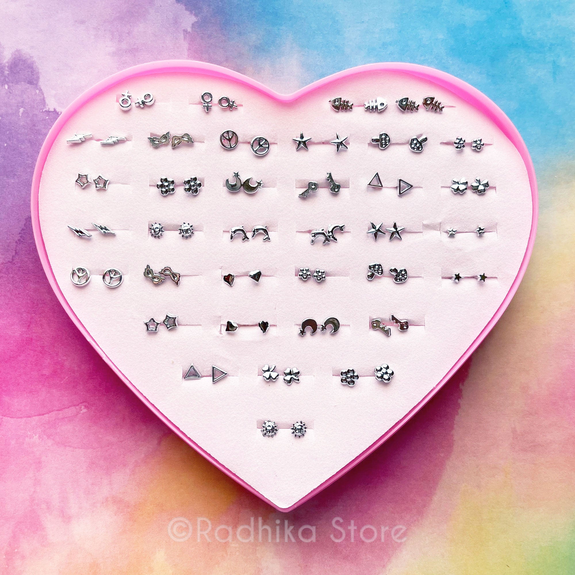 Tiny Sweet Heart Earring Box - 36 Sets - Silver Color