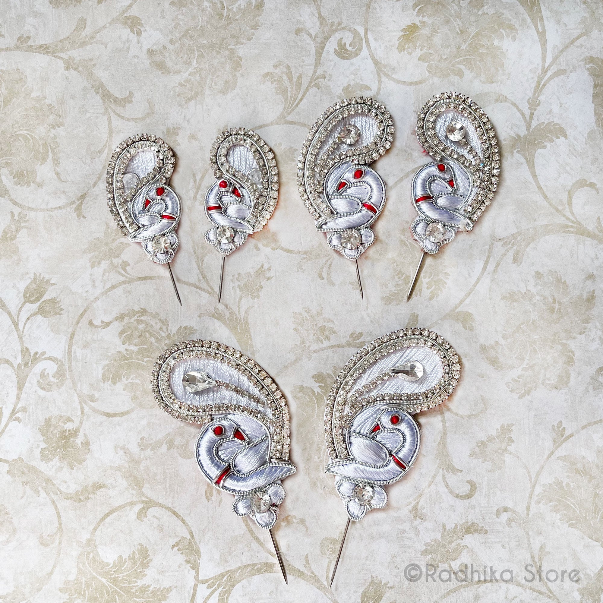 Silver Adorning Peacocks - Embroidery Turban Pins - Set of 2