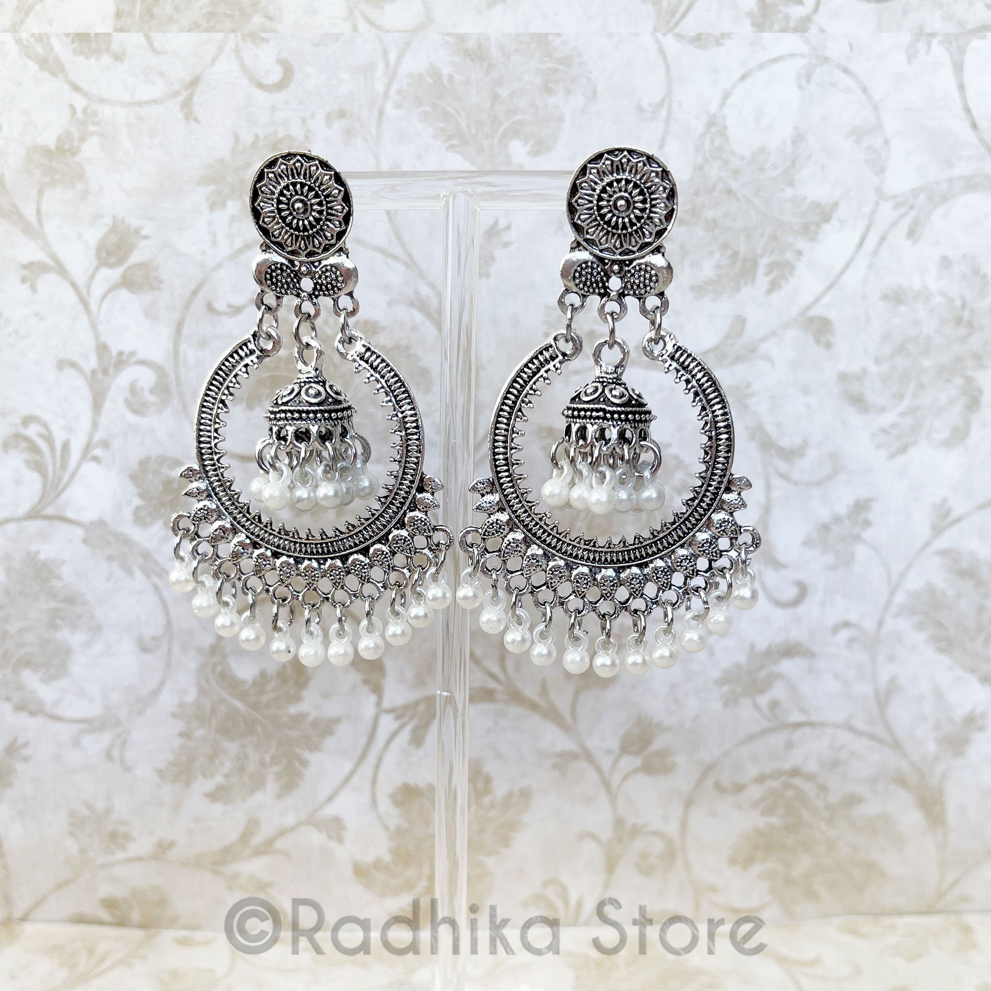 Silver Sunflower Chakra Pearl Jhumka - Earrings