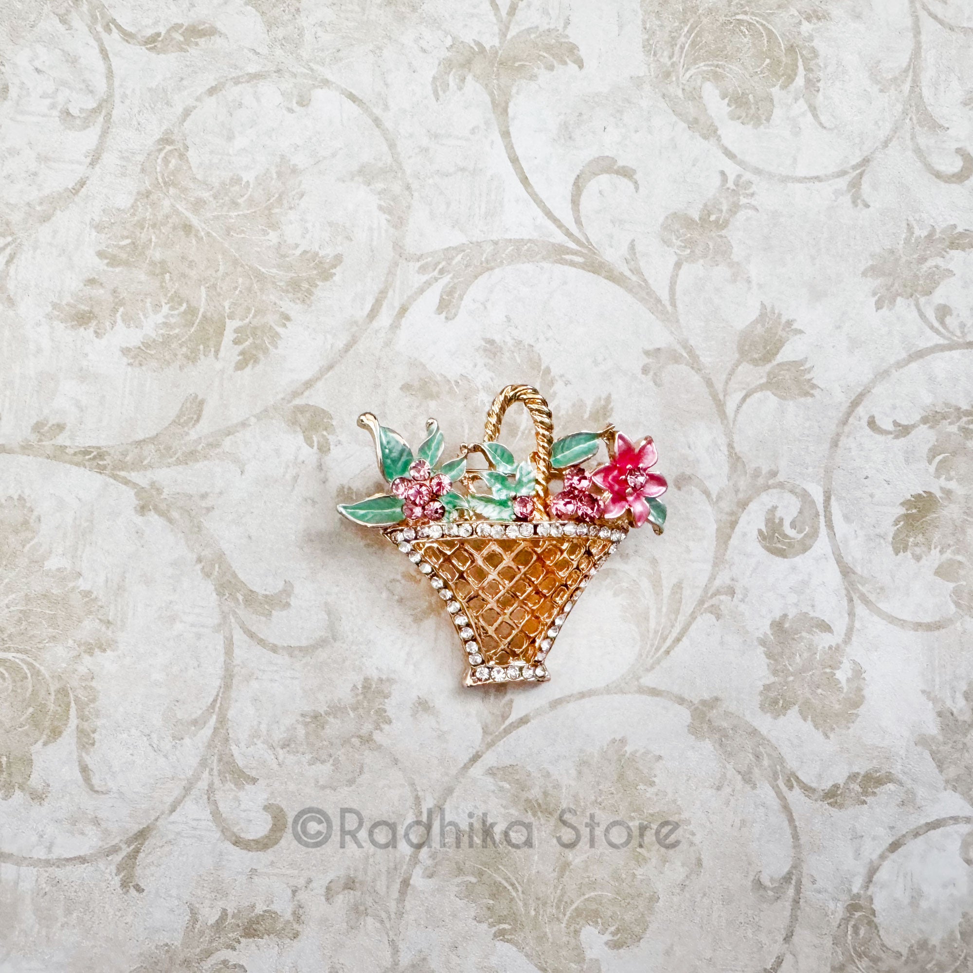 Little Golden Flower Basket With Pink Flowers -  Pendants-(Pins)