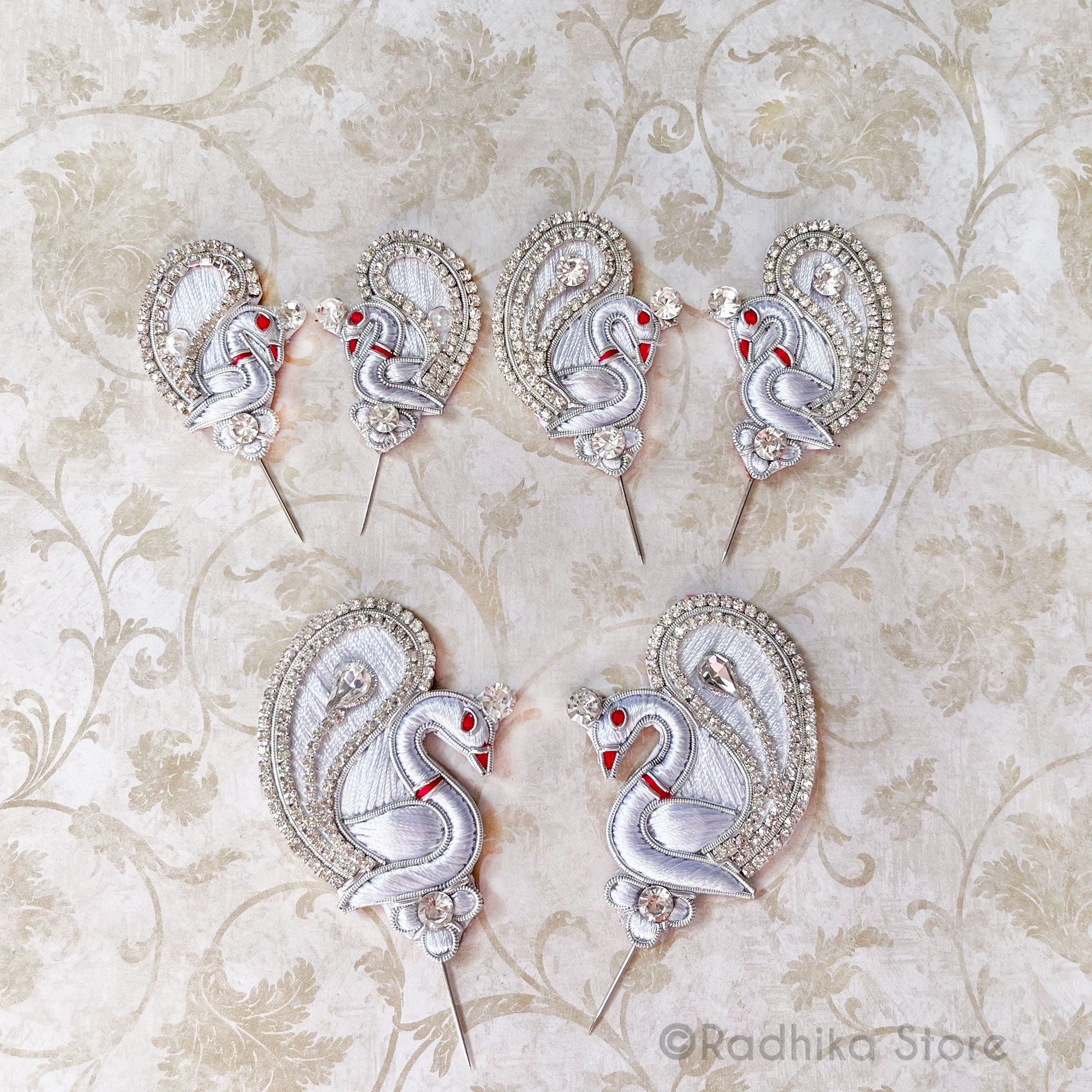 Silver Adorning Peacocks with Jeweled Head - Embroidery Turban Pins - Set of 2