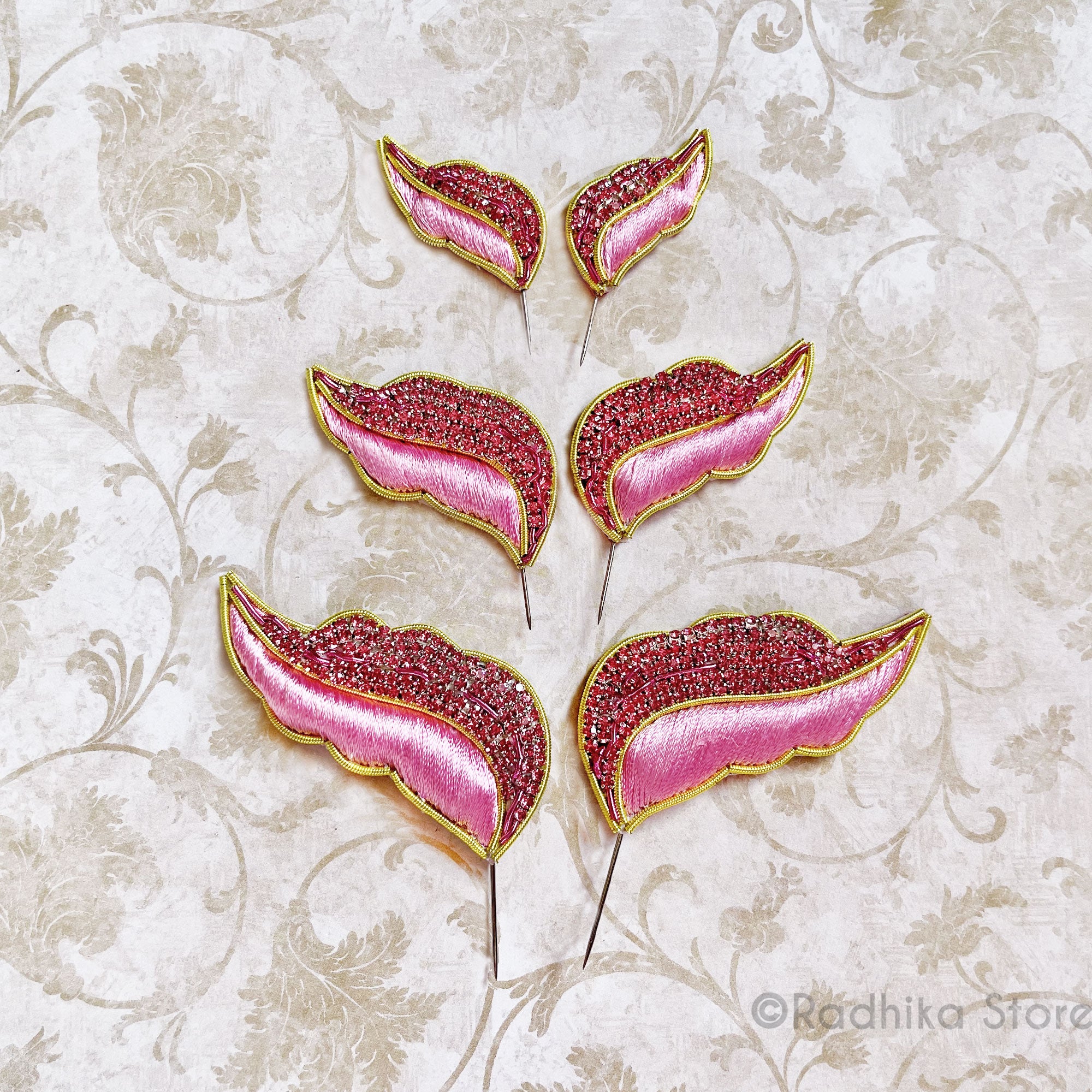 Vrinda Van Leaf - Pink - Embroidery Turban Pins - Set of 2