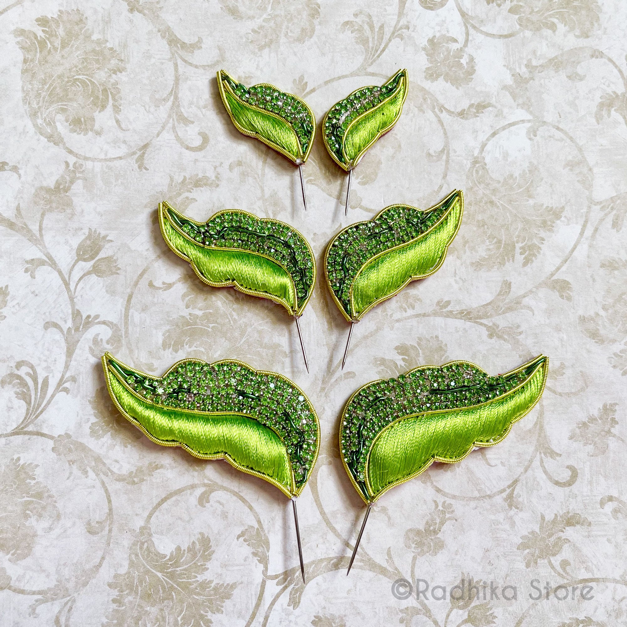 Vrinda Van Leaf - Green - Embroidery Turban Pins - Set of 2