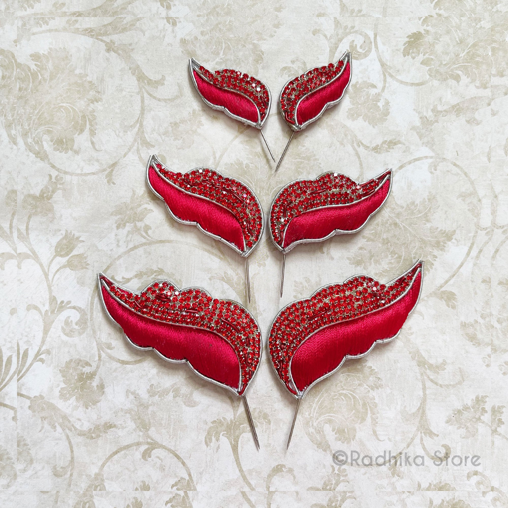 Vrinda Van Leaf - Red - Embroidery Turban Pins - Set of 2
