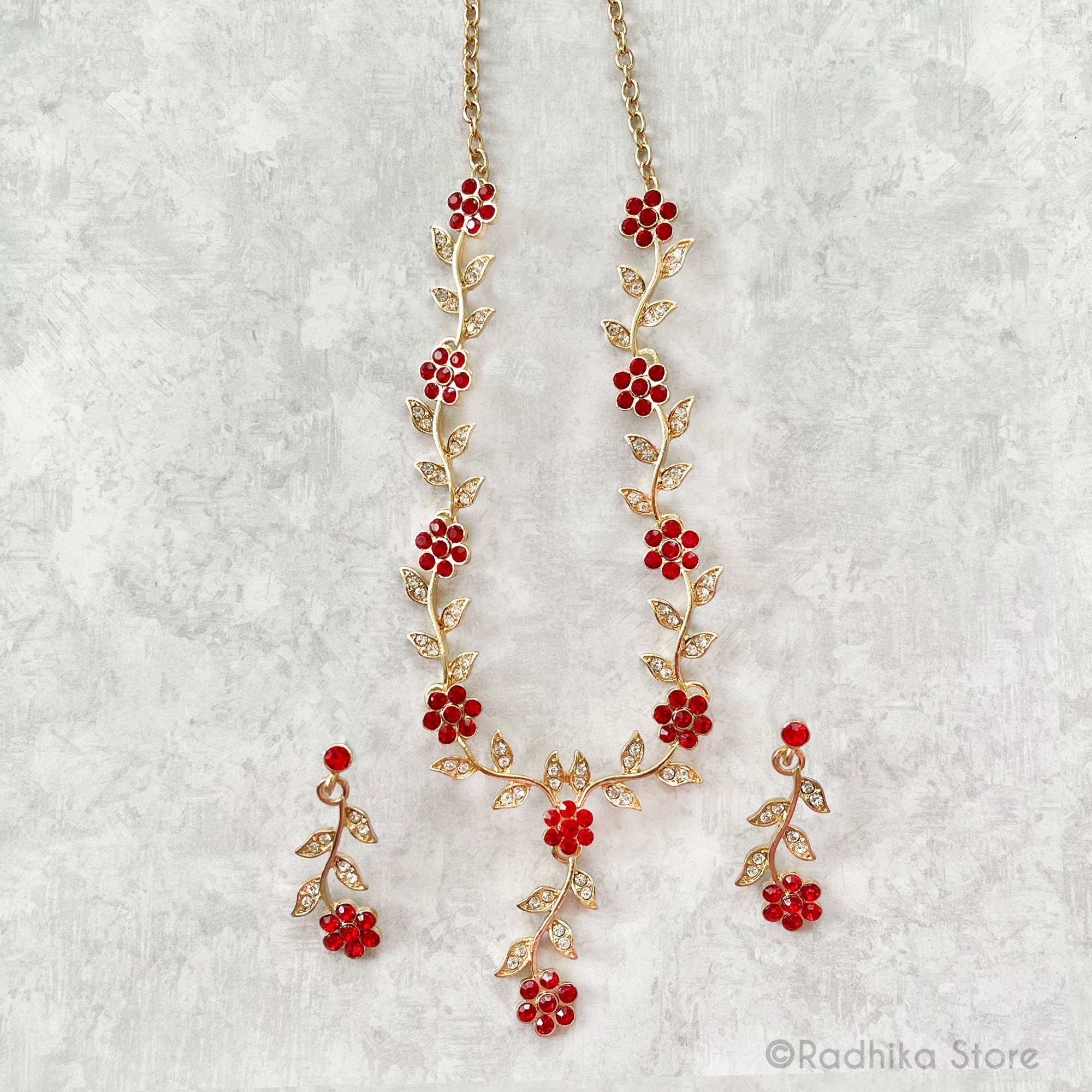 Vrindavan Flower Vine- Rhinestone Deity Necklace And Earring Set-Ruby-Emerald-Sapphire