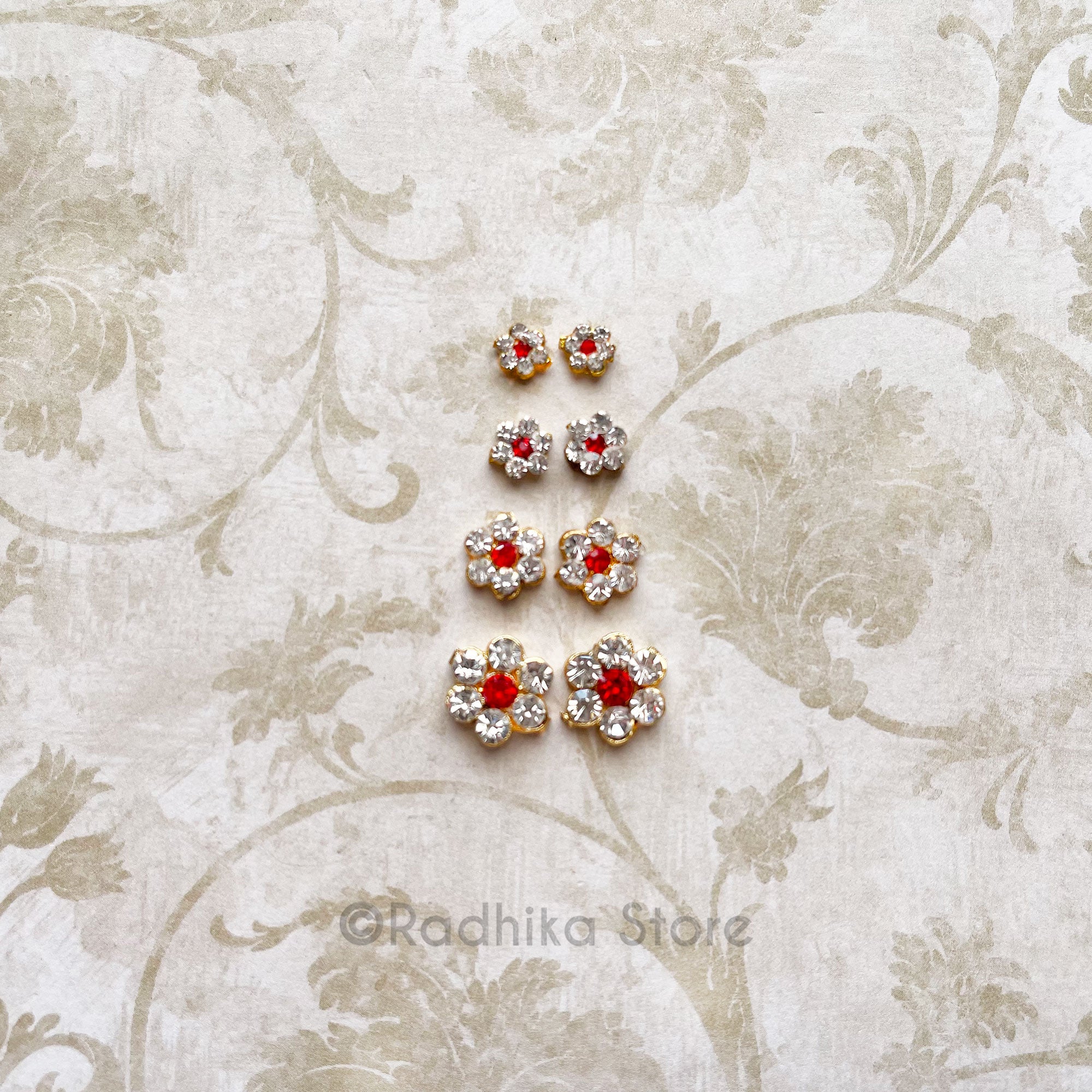 Tiny Flower  Rhinestone Earrings - Red