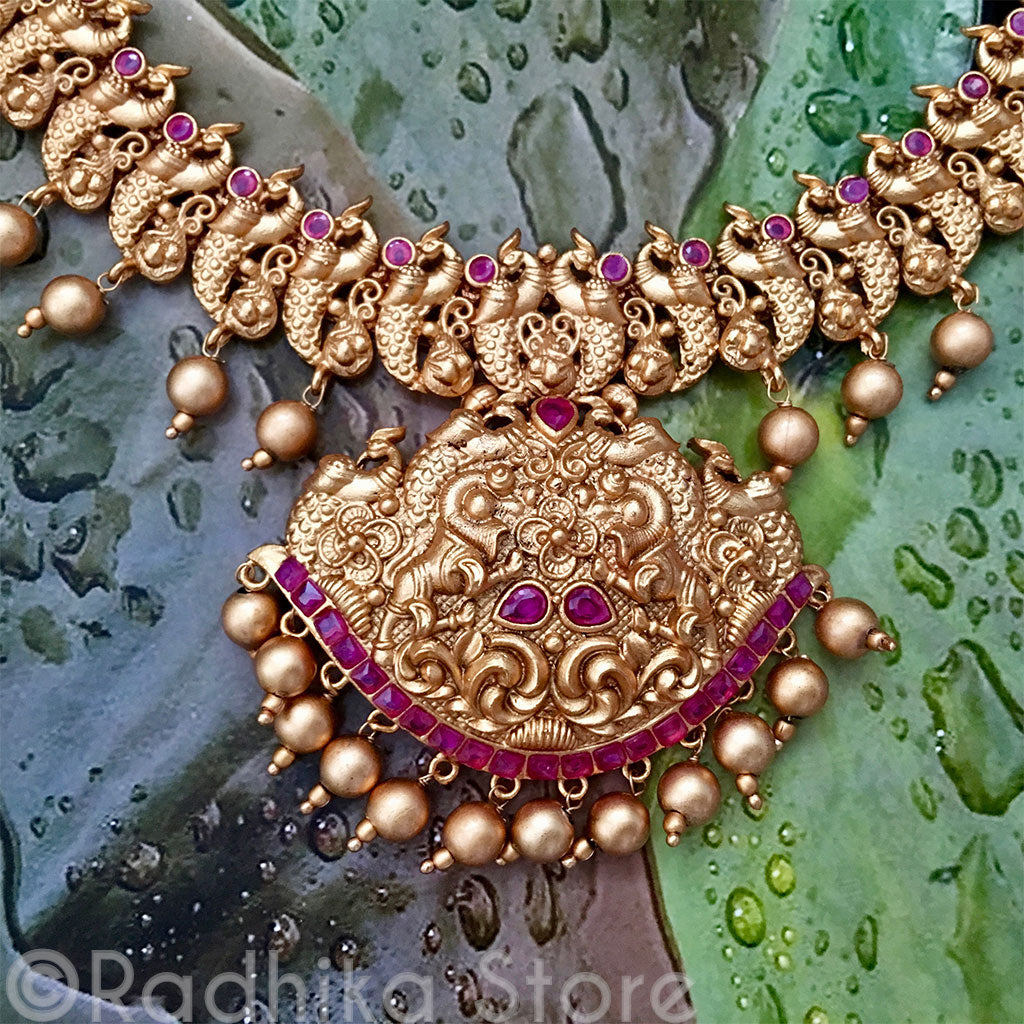 Golden Ruby Peacock Necklace and Earring Set