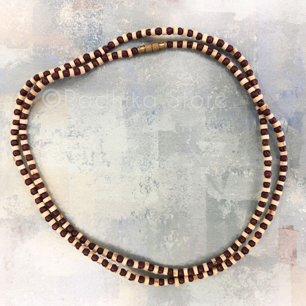 Round Reddish Brown Color Bead With Natural Cut Tulsi Neck Bead - 24"