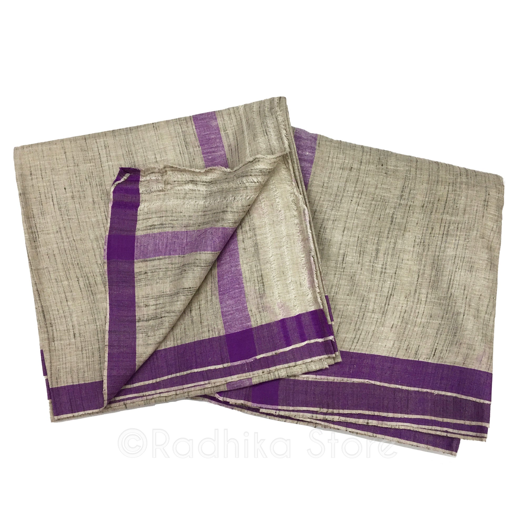 Silk Dhoti and Chadar - Natural Khadi - Beige Tweed With Purple Stripe