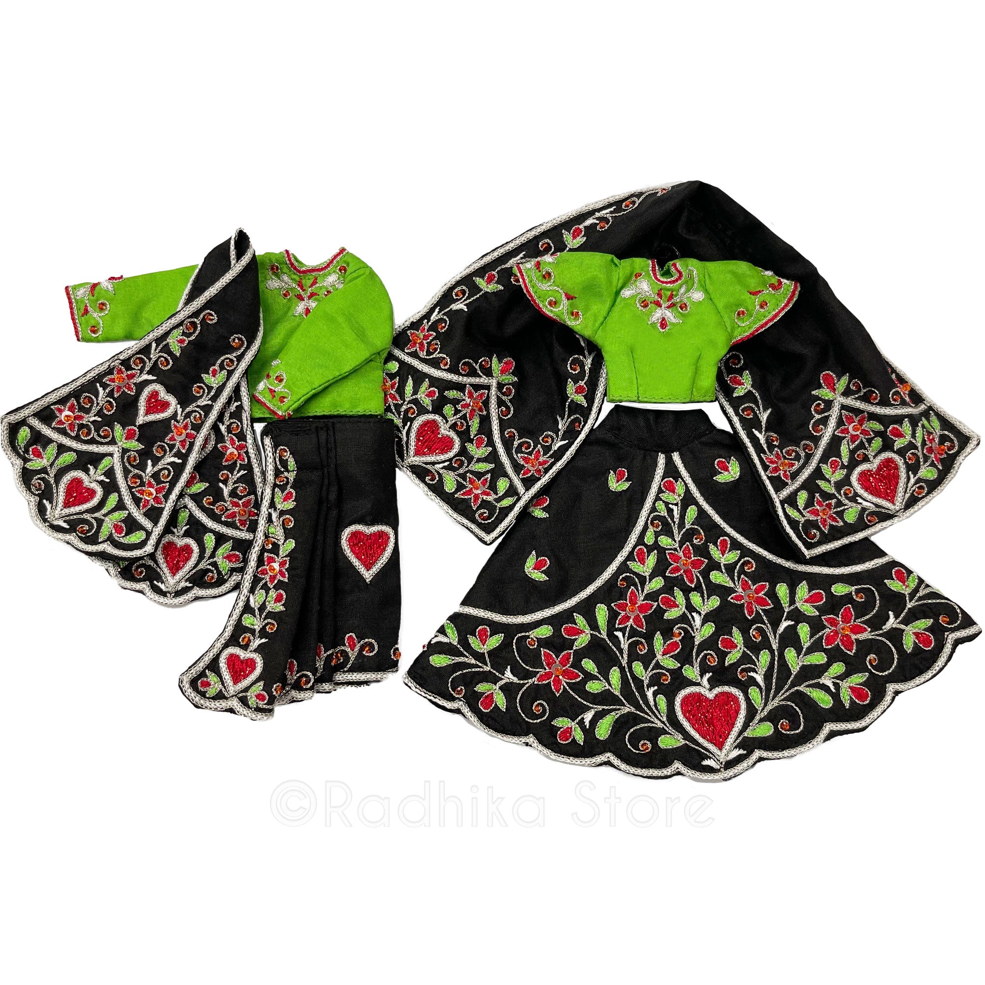 Bhakti Lata Bija - All Silk - Black with Green Choli and Kurta - Radha Krishna Deity Outfit