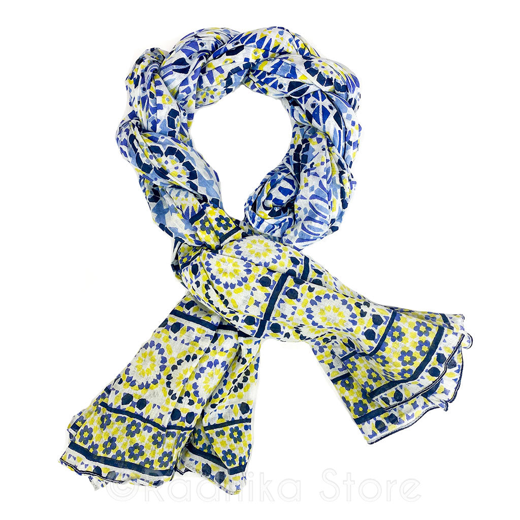 Sheer Cotton Chadar White, Blue and Yellow India Design