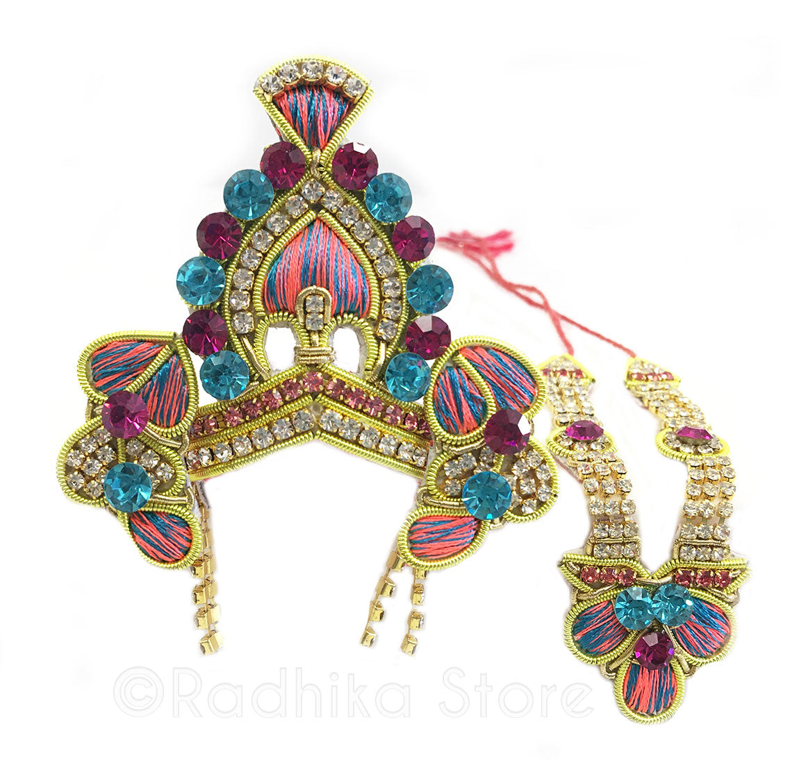 Braja - Deity Crown and Necklace Set -With Earrings - Peach-Teal and Fuchsia