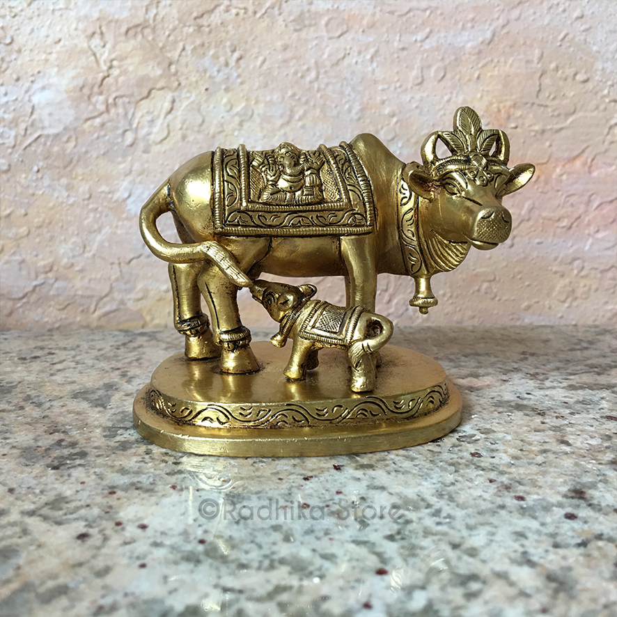 Brass Cow and Calf With Ganesh Blanket - 3" Inch