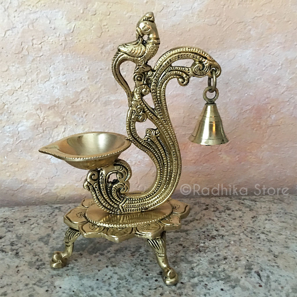 Fancy Parrot Brass Arati Lamp - With Bell  and Lotus Stand