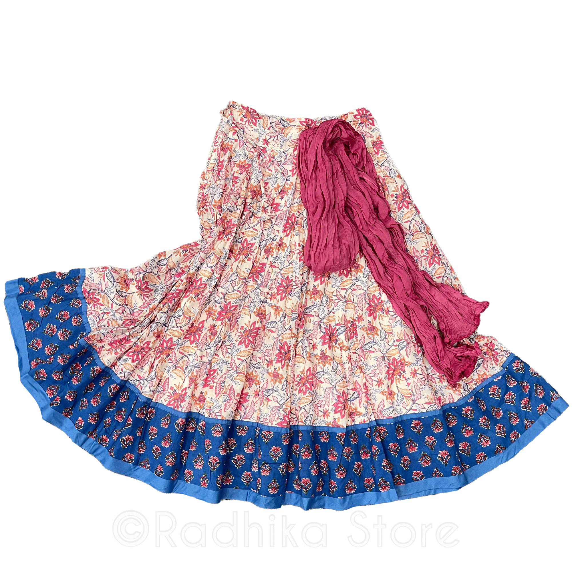 Ganga Lotus Flowers - Gopi Skirt - Coral Pinks and Water Blue - Cotton Screen Print - With Chadar - S-M-L