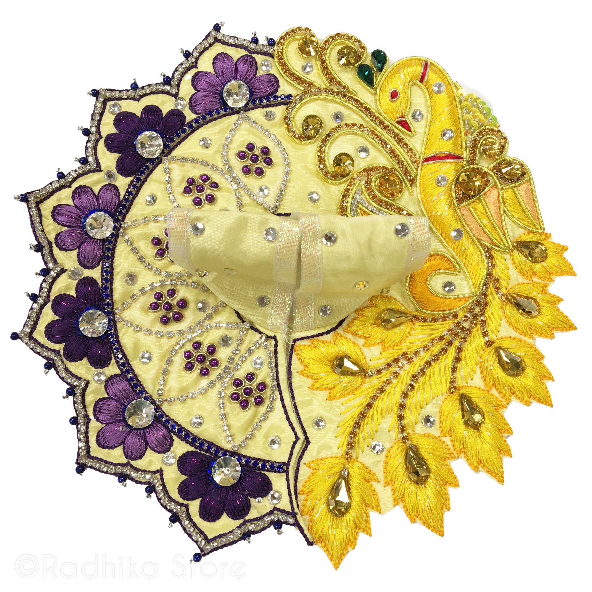 Golden Peacock With Vrindavan Flowers - Light Yellow Taffeta- Size 1" up to 5" Inch Laddu Gopal