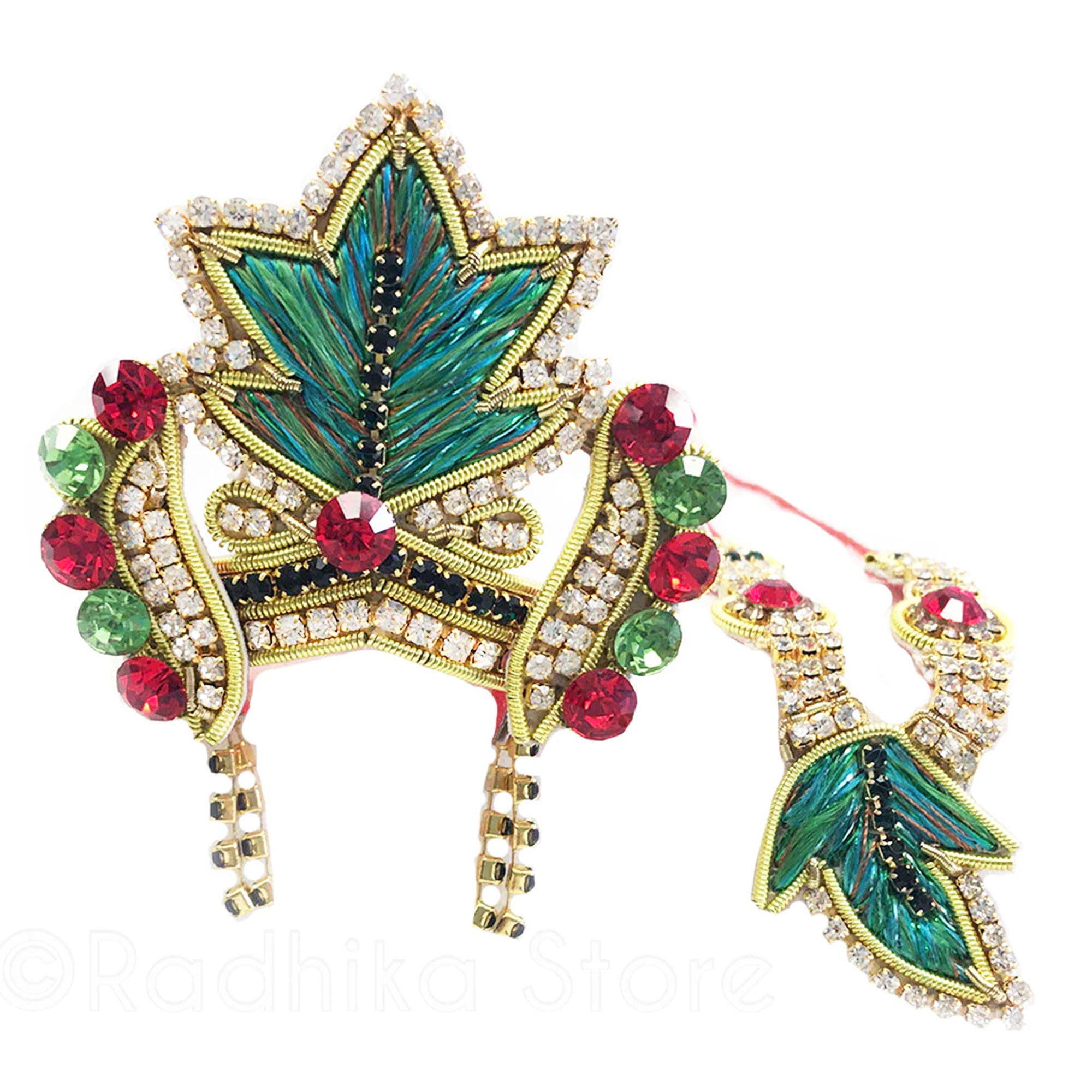 Holiday Leaf With Earrings - Deity Crown Necklace Set - Greens-Red and Black