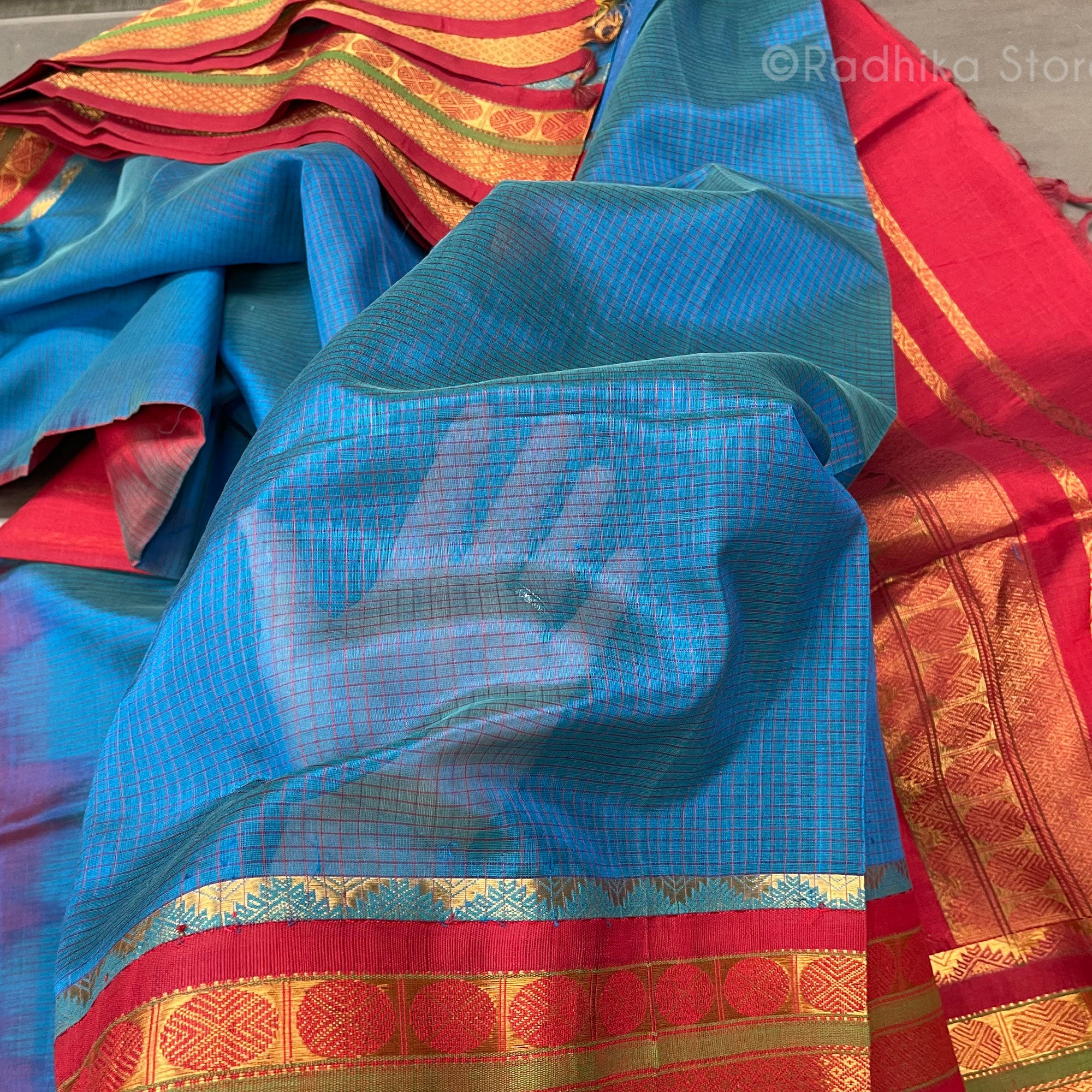 Rathyatra - Blue Red - Opulent Cotton-Silk Saree
