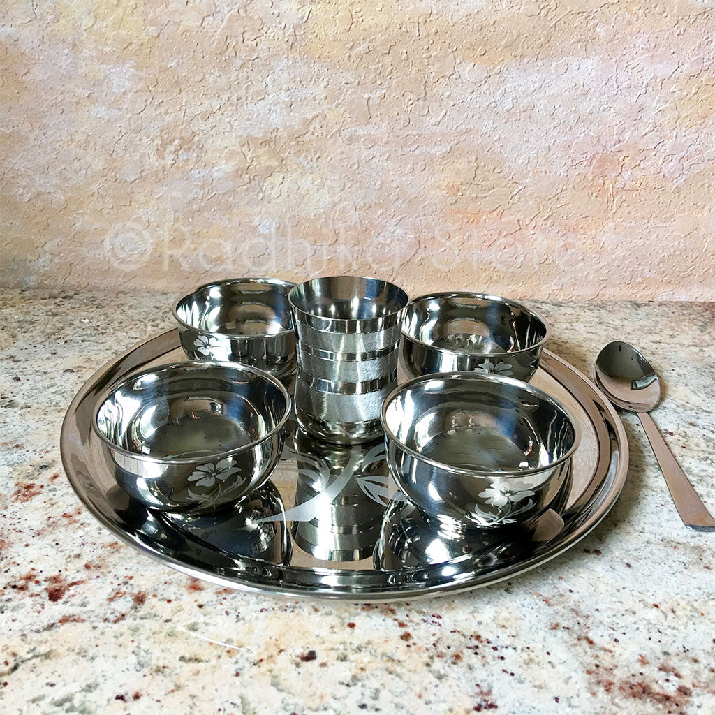 Large Deity Offering Set With 4 Bowls - (Stainless Steel) Flower Design