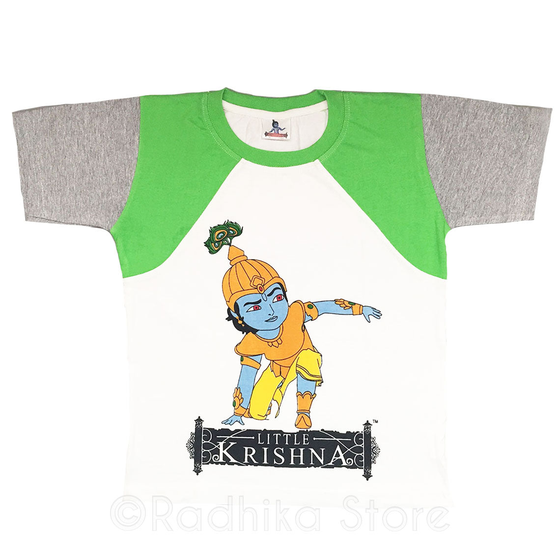 Little Krishna Warrior T-Shirt, White/Green-Short Sleeve- Size- 3 to 8 Years