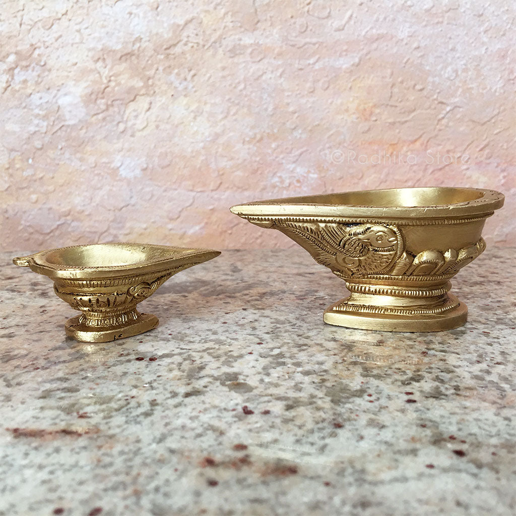 Brass Ghee Lamps (Diyas) With Parrot Design - Choose Size