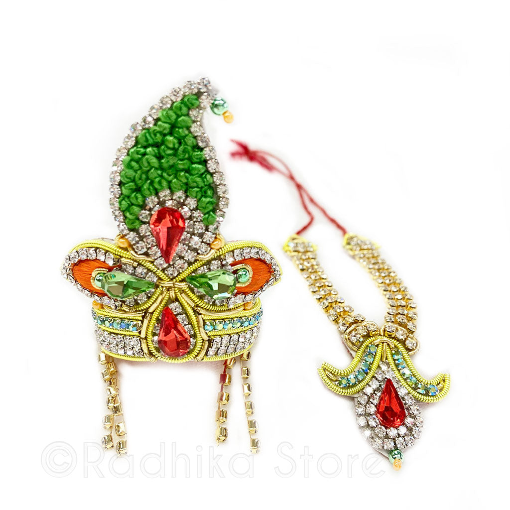 Oh My Gopala - Green and Orange - Rhinestone Crown and Necklace Set