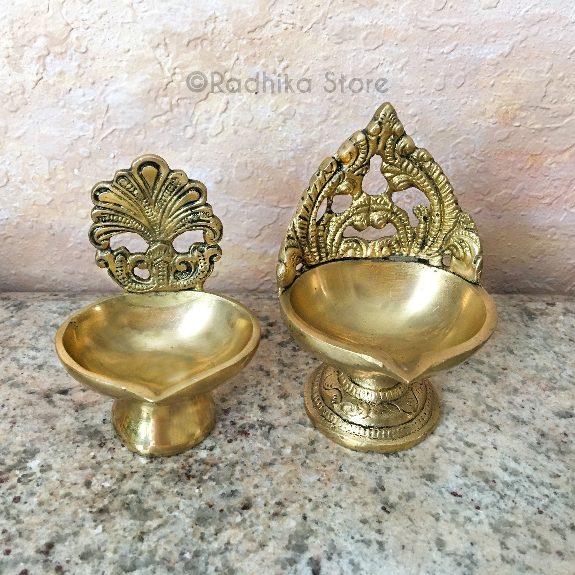 Peacock Plume - Brass Offering Ghee Lamp - (Diya) - Choose size