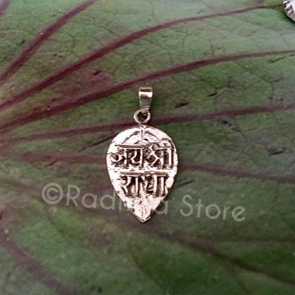 Silver Sanskrit Jaya Shri Radha Tulsi Leaf Pendant