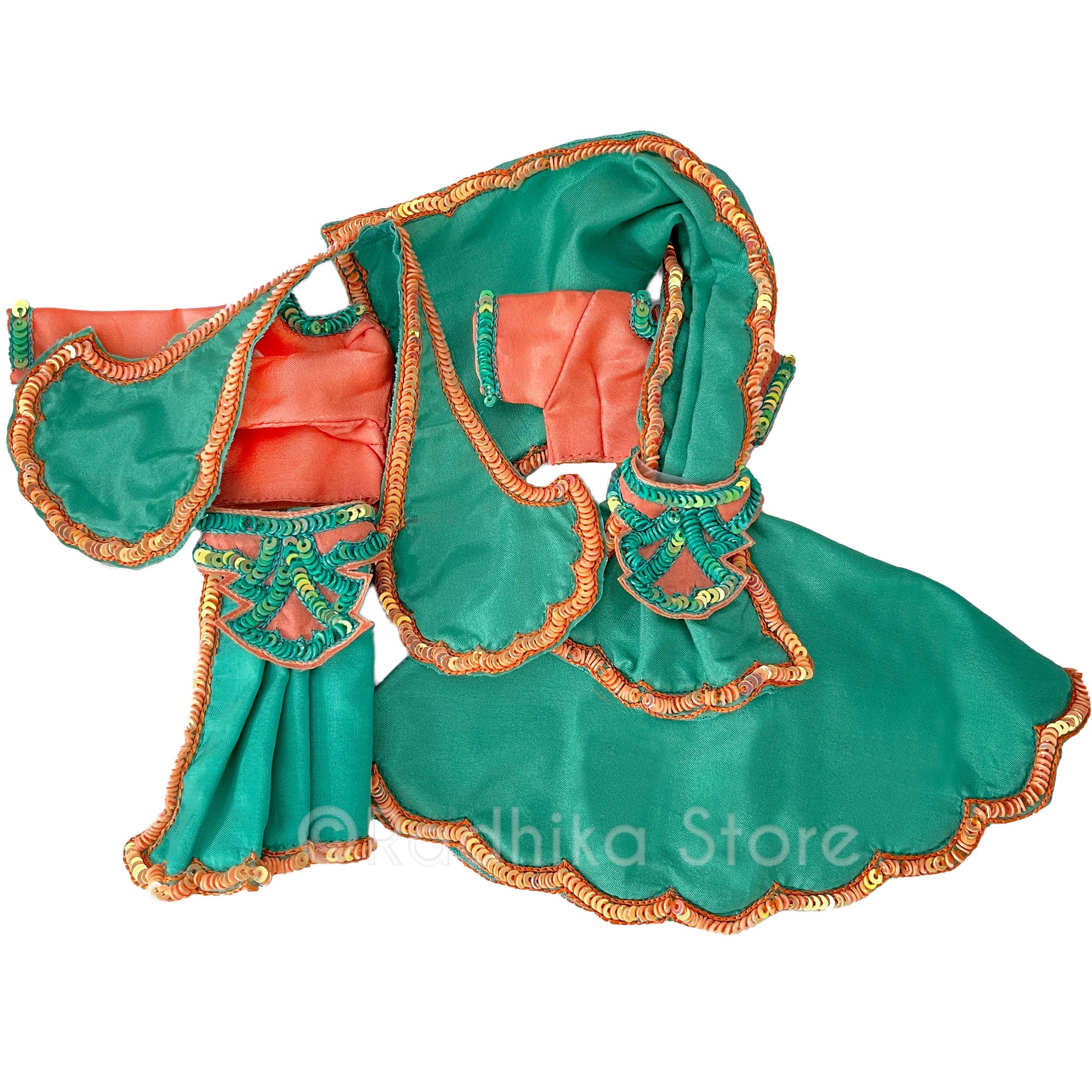 Kusam Sarovara - Peach and Teal Green - Radha Krishna Deity Outfit- With Belt