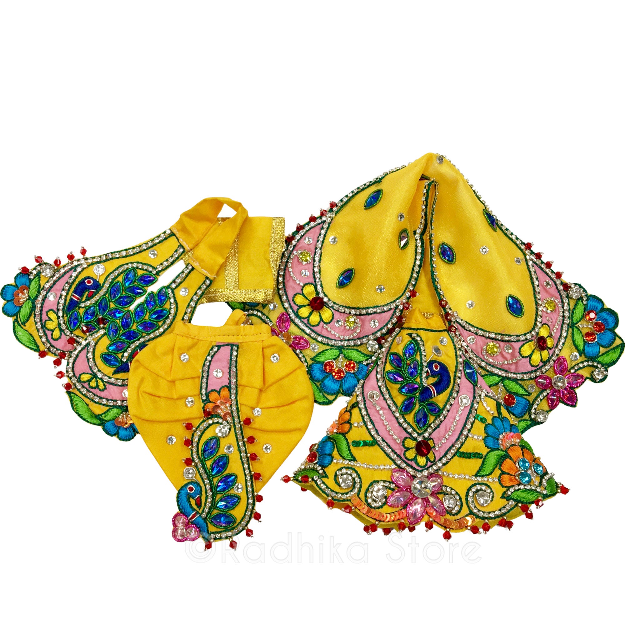 Radha Krishna Loves Peacocks - Yellow and Pink Multicolor - Radha Krishna Deity Outfit