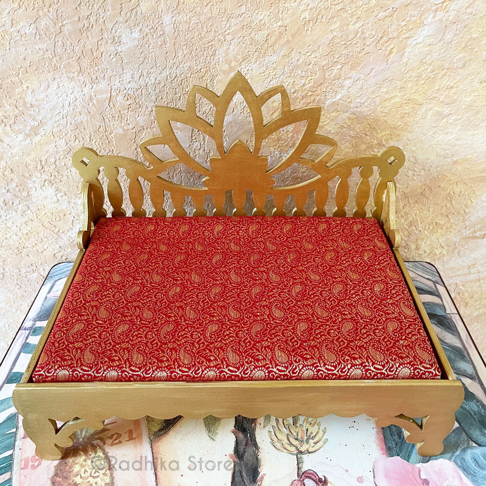 Radha Kund - Divine Golden Throne- Red and Green- Choose - 7" or 9.5" Long