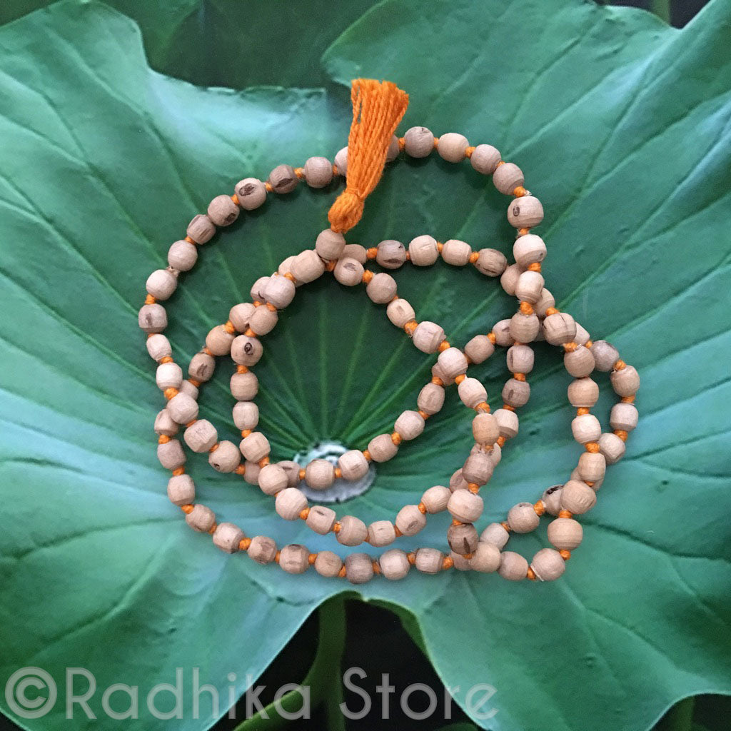 Tiny Pure Tulsi Japa Beads/ Neck Beads - With Orange Vrindavan Tassel- 15" to 16" Inches Long