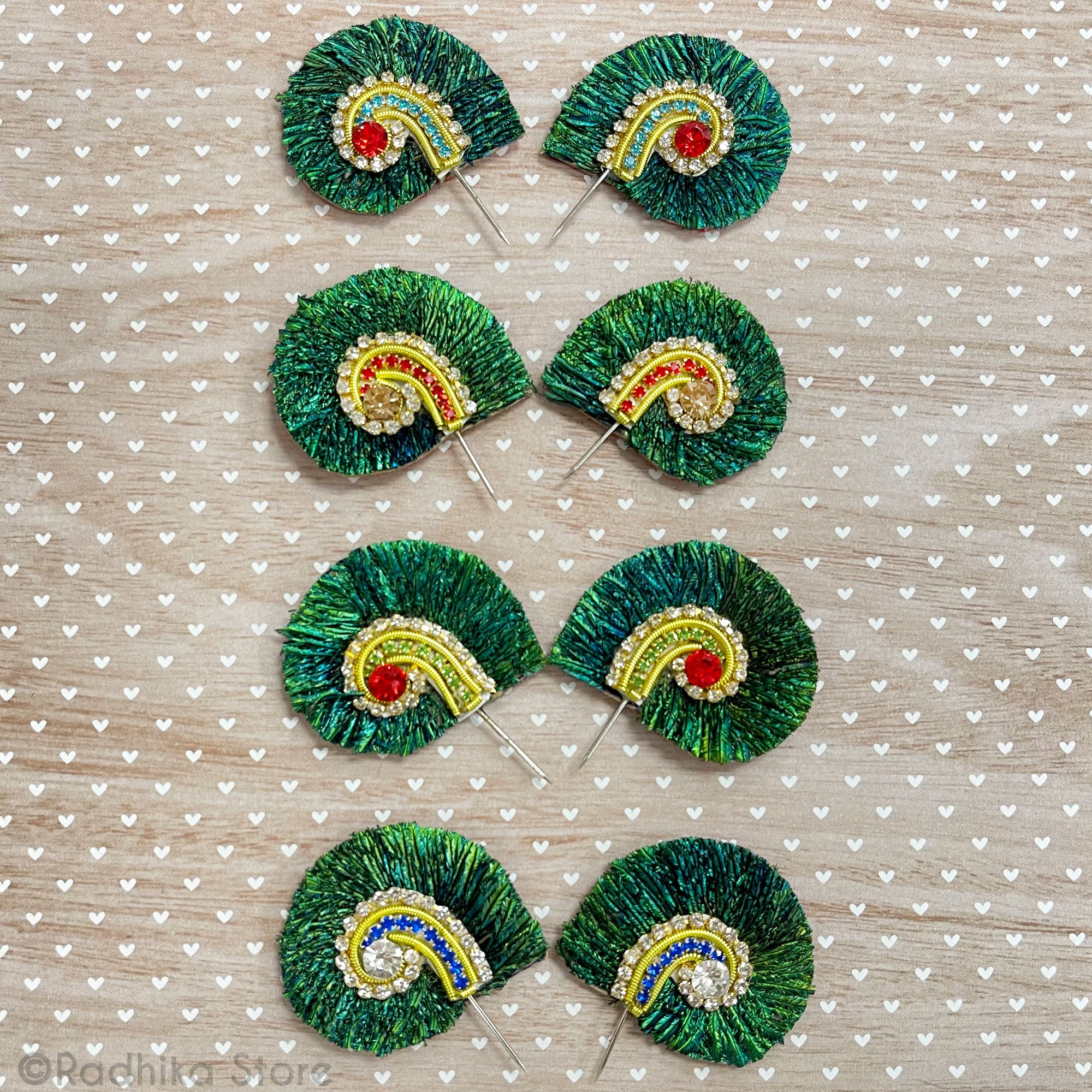 Peacock Feather-Rhinestone Swirl-Turban Pins-Small