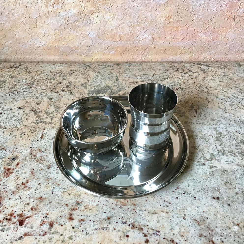 Small Deity Offering Set With-(Stainless Steel) Flower Design