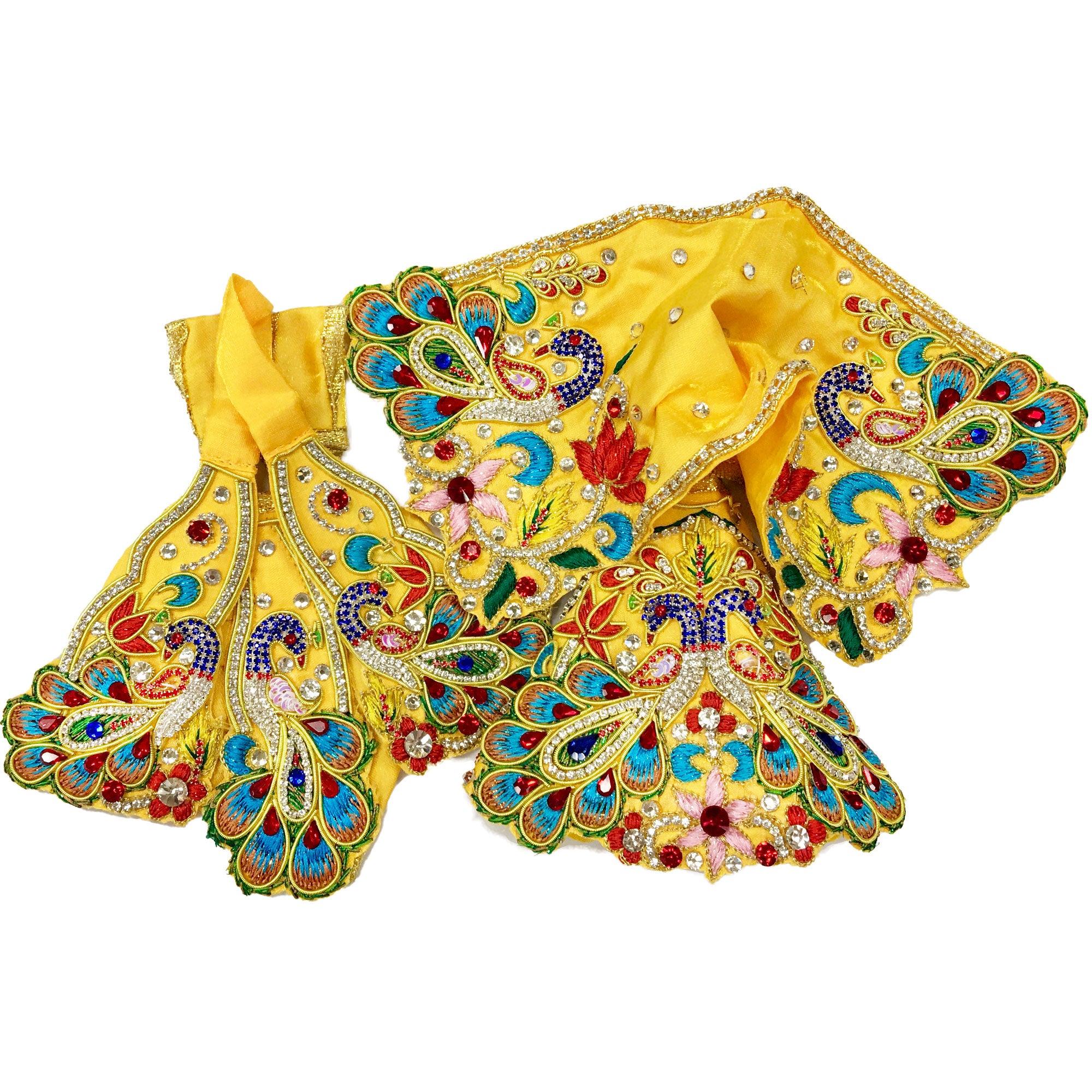 Stunning Chintamani Peacocks -  Marigold Yellow Silk Satin - Radha Krishna Deity Outfit