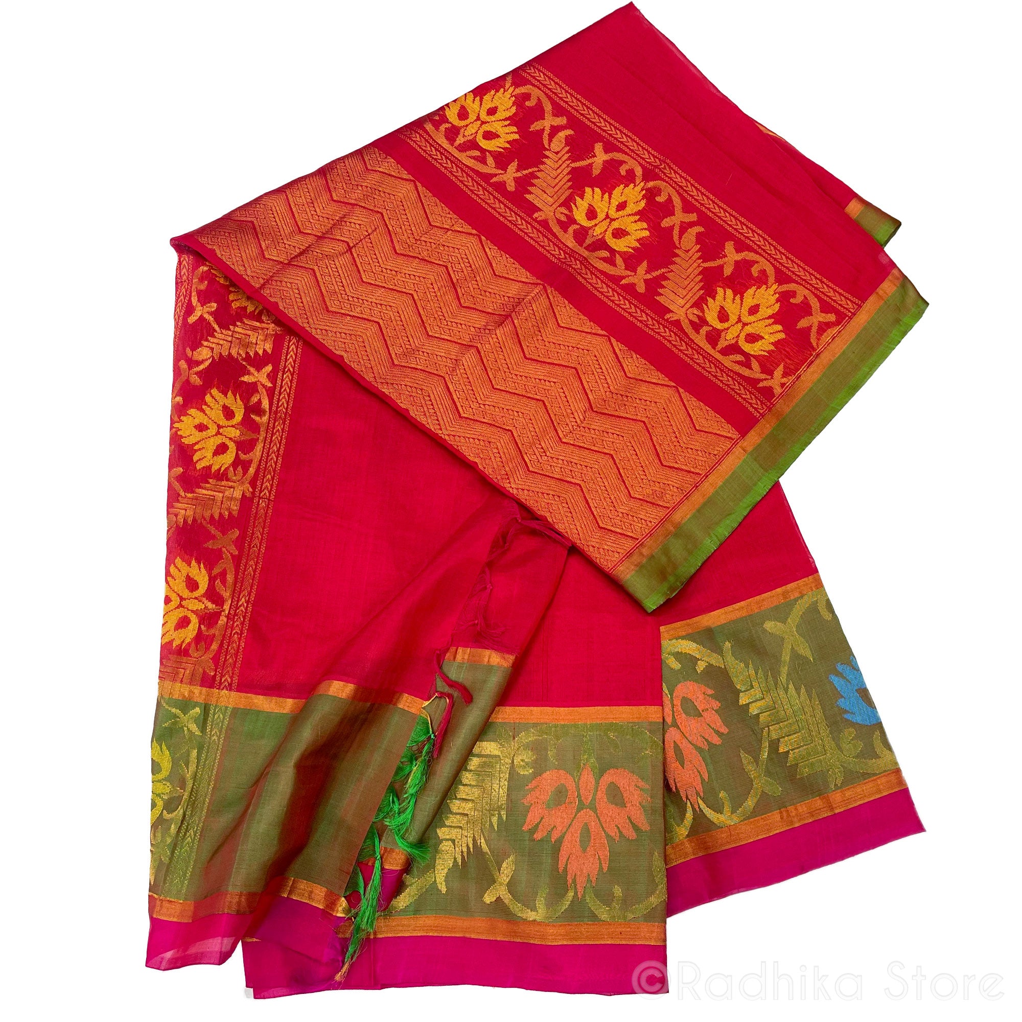 Divine Peacock Plumes - Reds and Greens  - Quality Silk Saree
