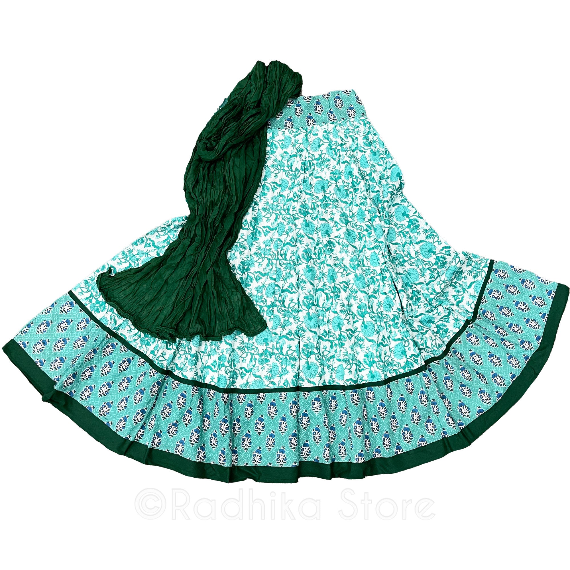Raman Reti Forest Flowers -  Gopi Skirt - Teal and Forest Greens - Cotton Screen Print Fabric - With Chadar - Large