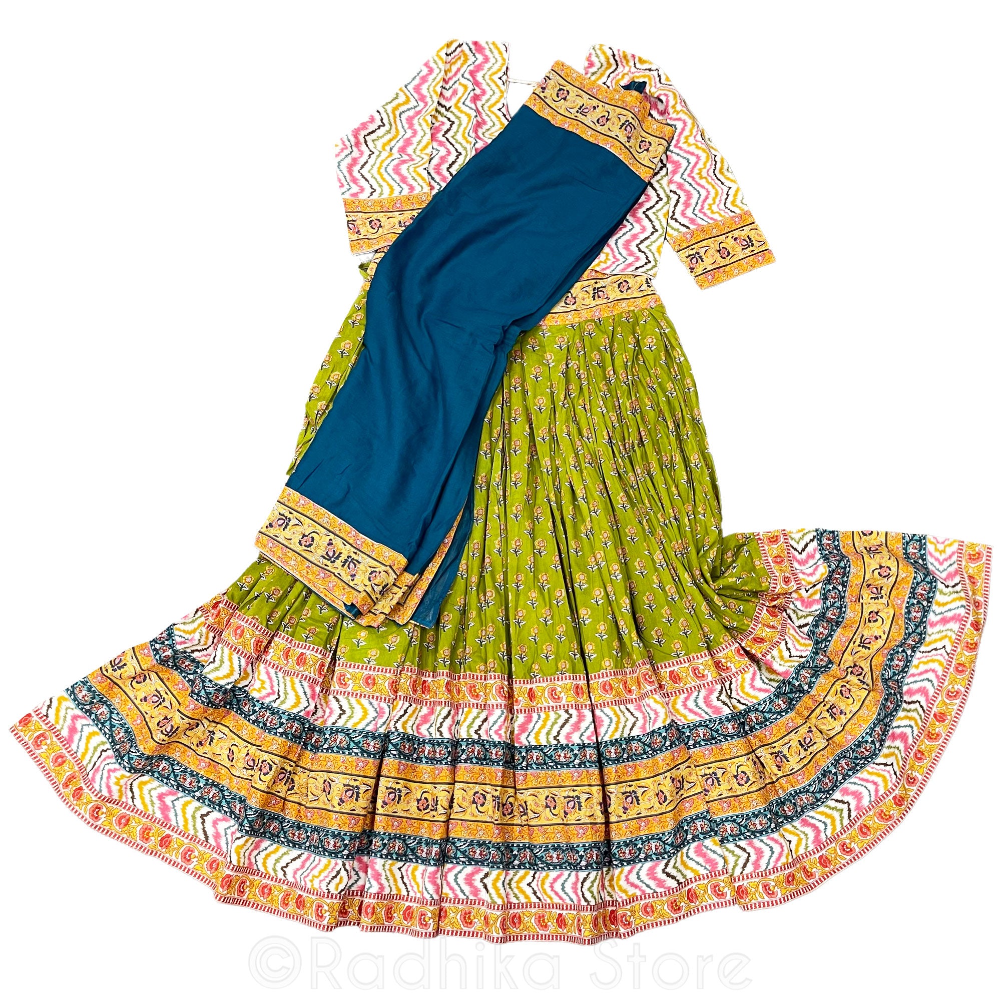 Vrindavani - Green With Dark Teal Blue Cotton Screen Print- Gopi Skirt- 10 Meter Twirling