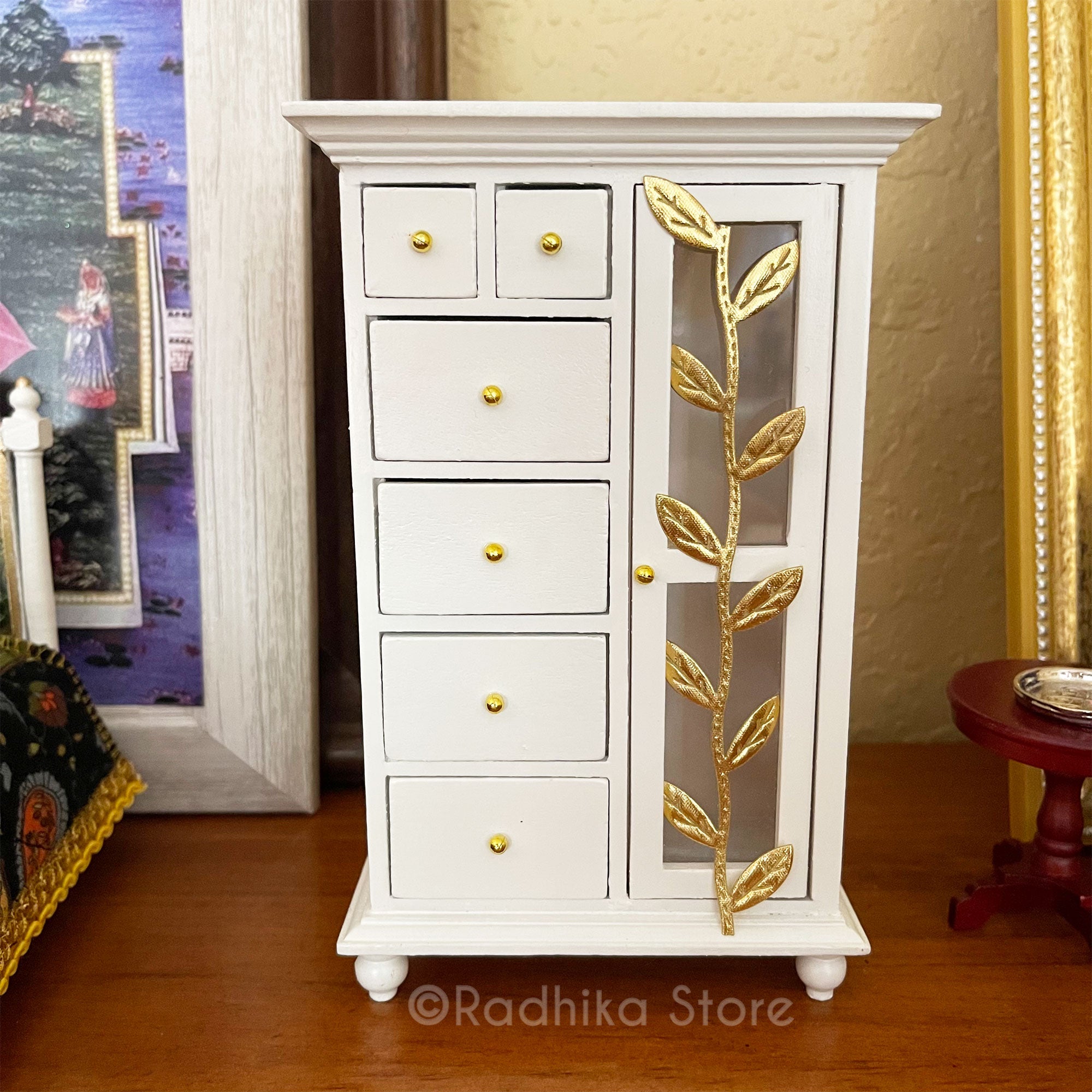 Vrindavan Forest - White with Gold -  Cottage Armoire