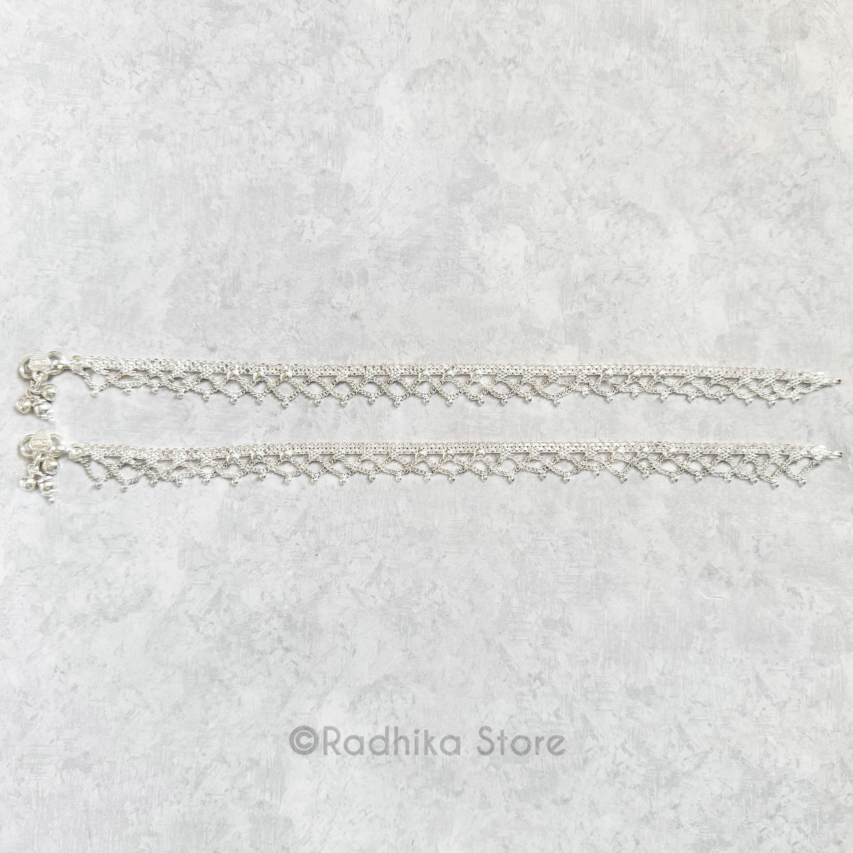 Double Scalloped  With  Hearts and Flowers - Set of 2 - Silver Anklets